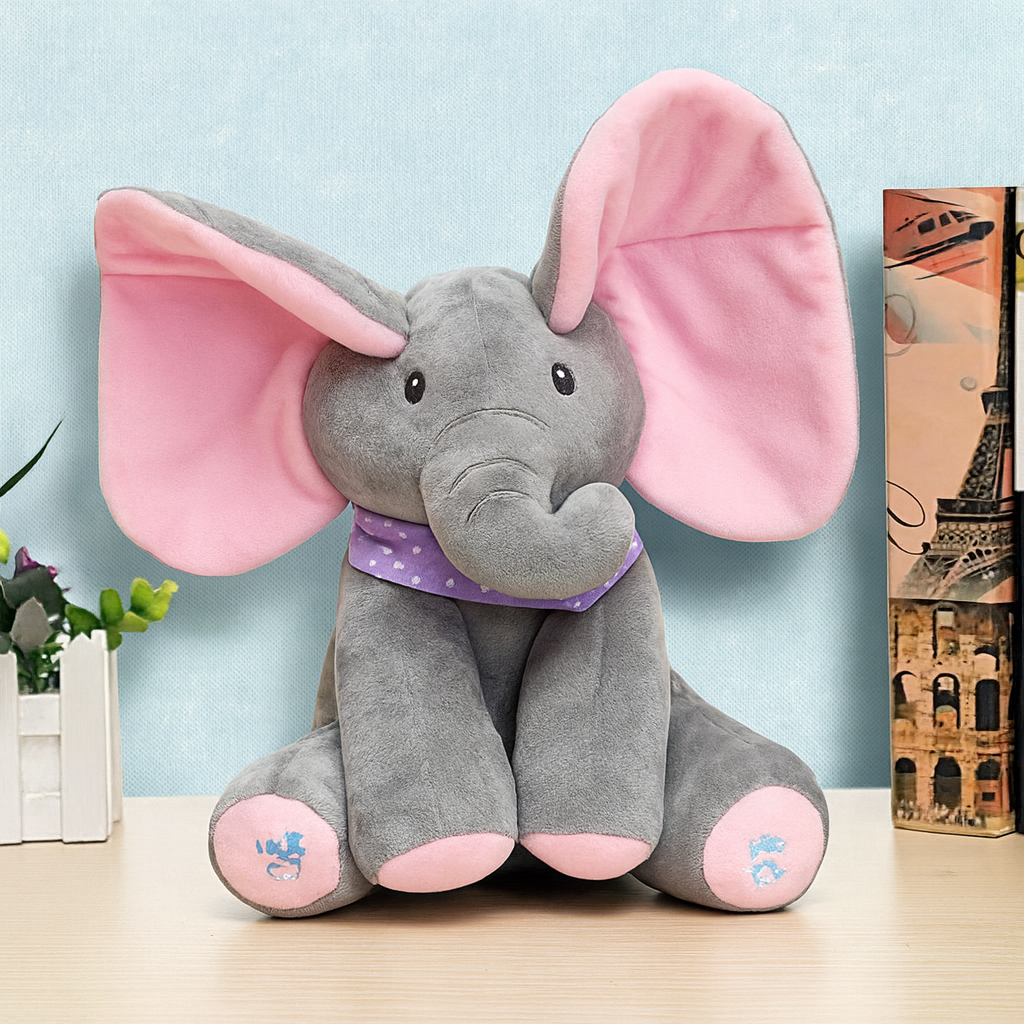 Interactive Peek-a-Boo Elephant Plush with Flapping Ears and Paw Activation