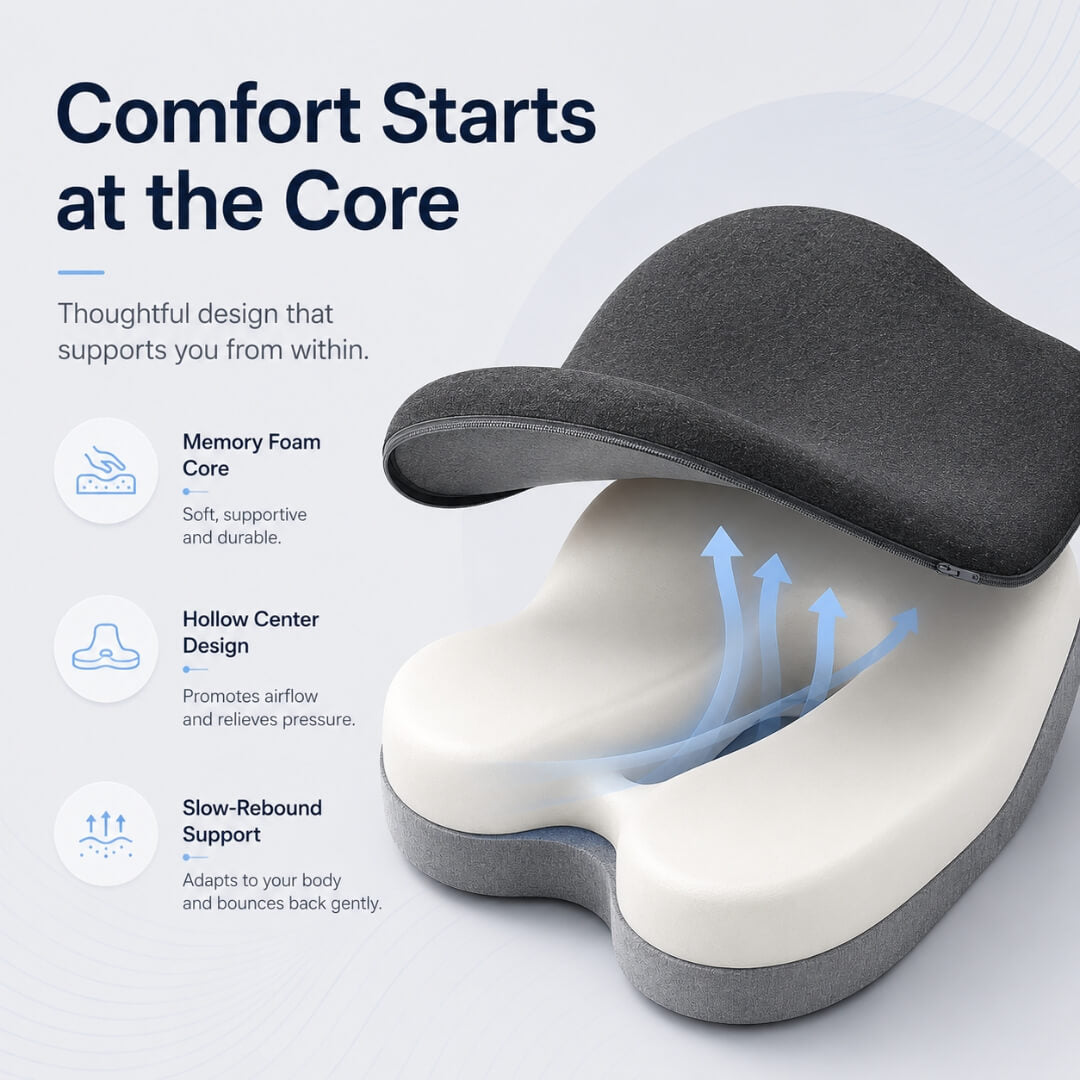 Memory Foam Seat Cushion with Tailbone Cutout and Lumbar Support