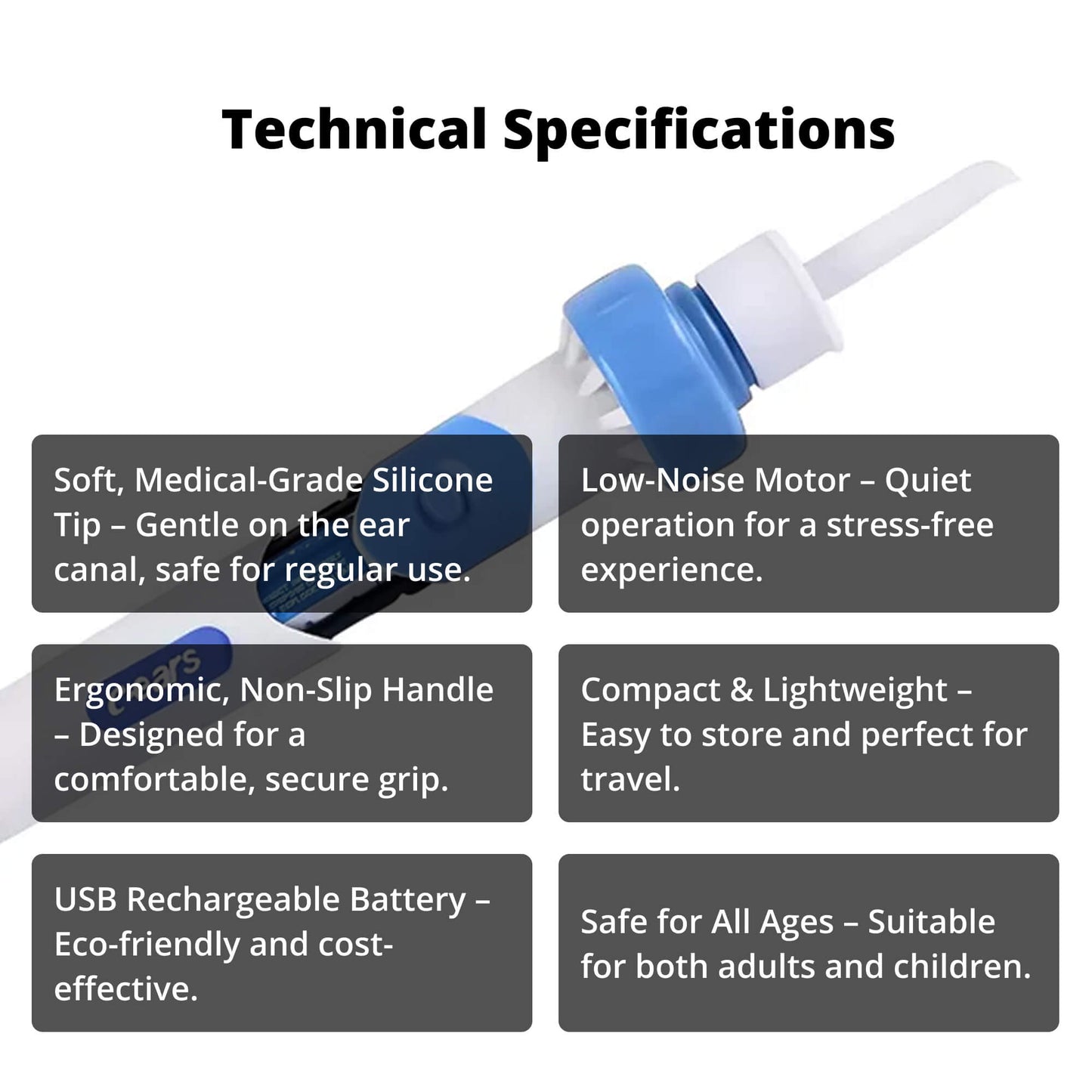 Electric Ear Wax Suction Tool with Silicone Tip and Ergonomic Handle, 60-Minute Battery