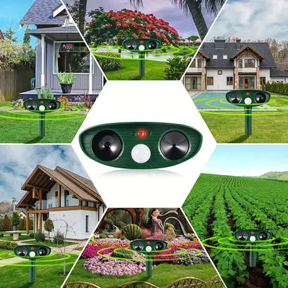 Motion Activated Animal Repeller with Ultrasonic Sound and LED Flashes, Solar Powered