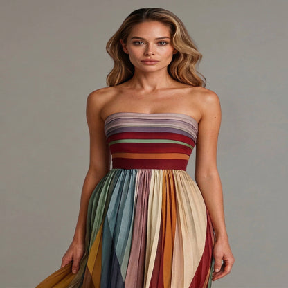 Strapless Maxi Dress with Internal Boning and Vertical Stripe Design, Floor Length