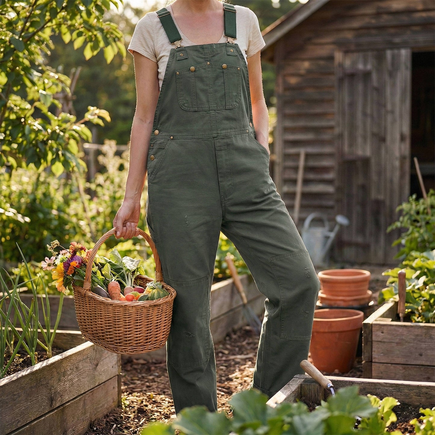 Women's Cotton Canvas Bib Overalls with Padded Straps and Multiple Pockets