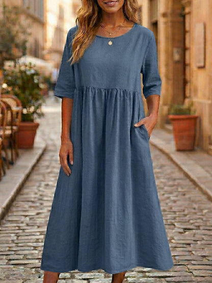 Linen Midi Dress with Empire Waist and Three Quarter Sleeves, Hidden Pockets