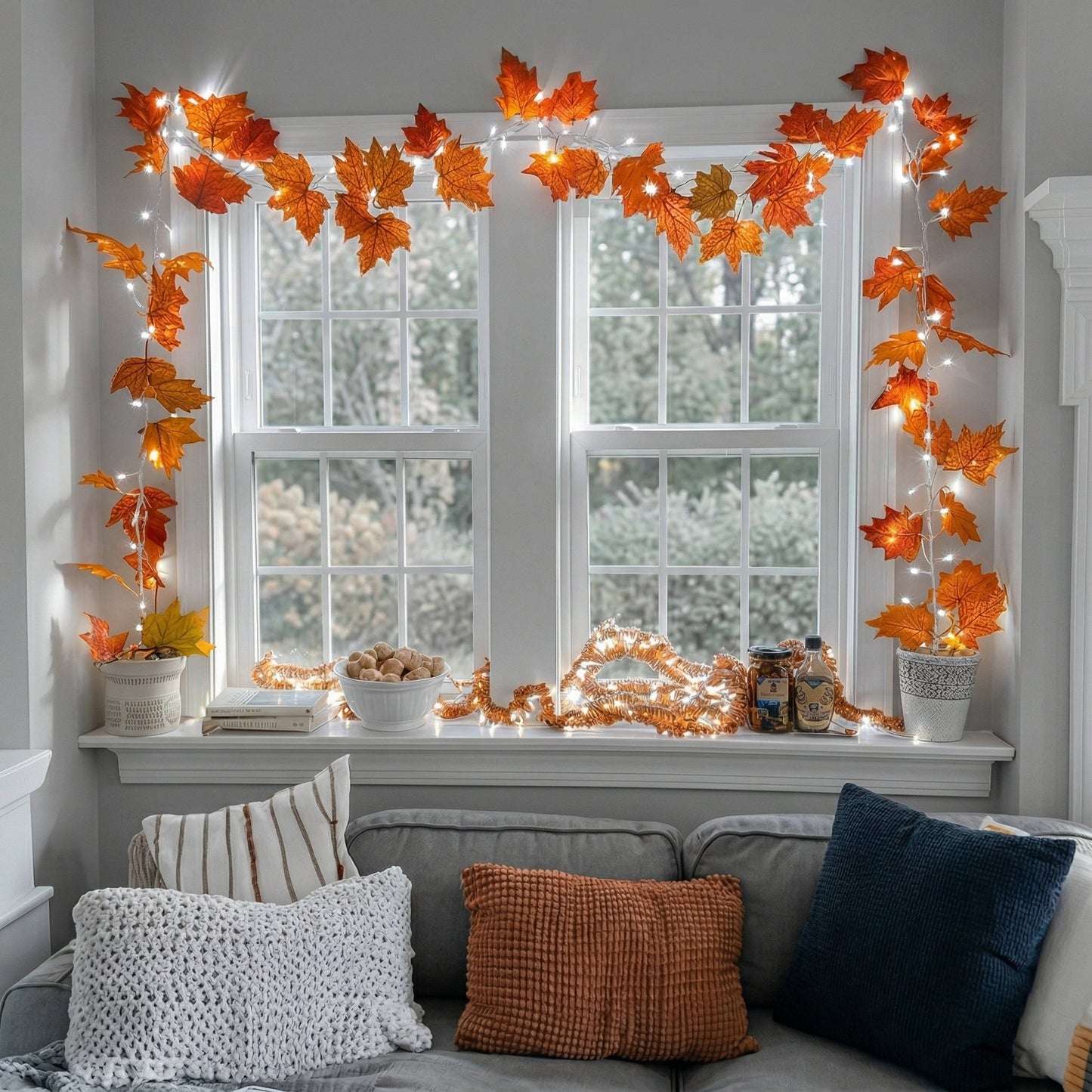 Warm Golden Lighted Garland with Reflective Ornaments and Bendable Wire