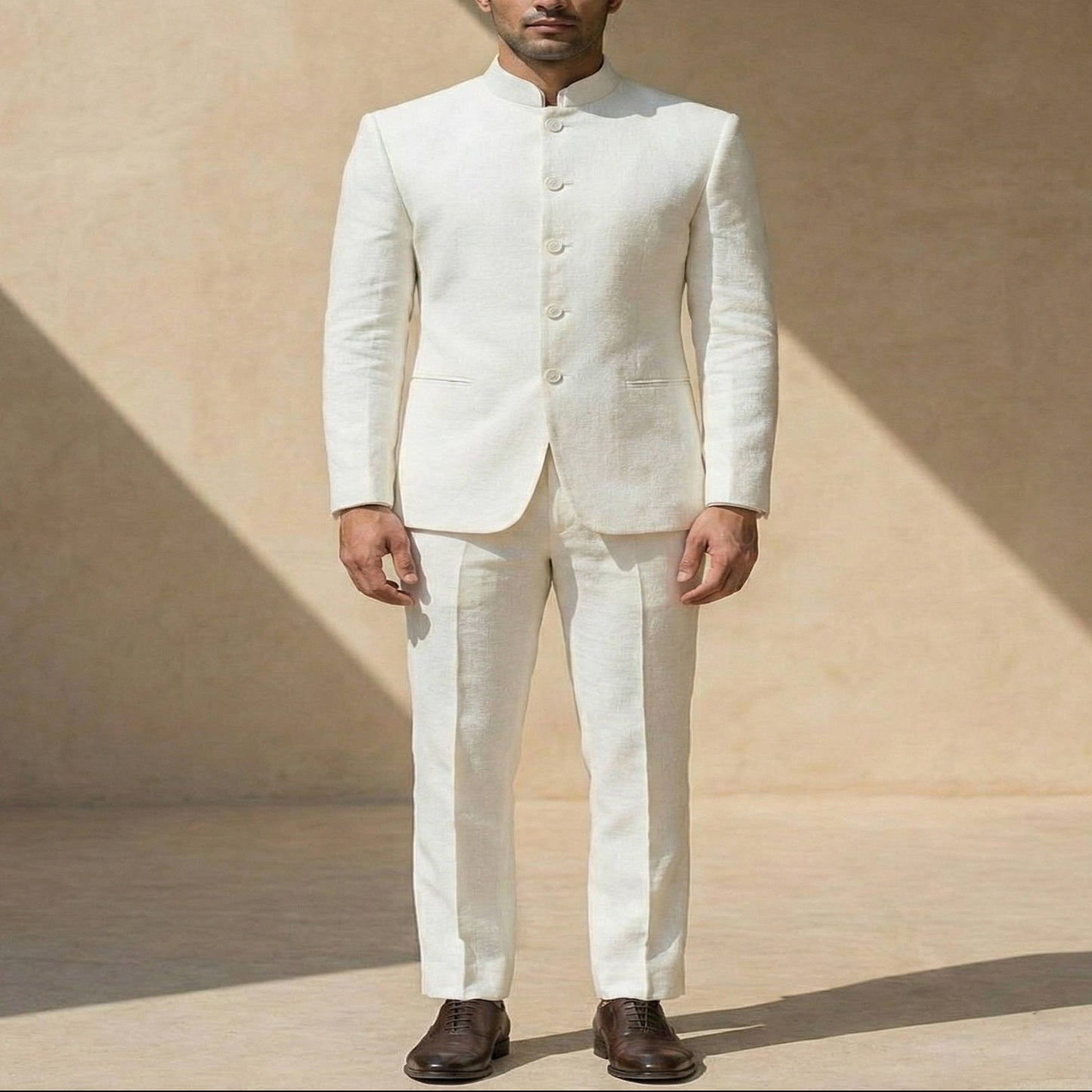 Men's Slim Fit Nehru Collar Suit with Polyester Viscose Blend and Full Sleeves