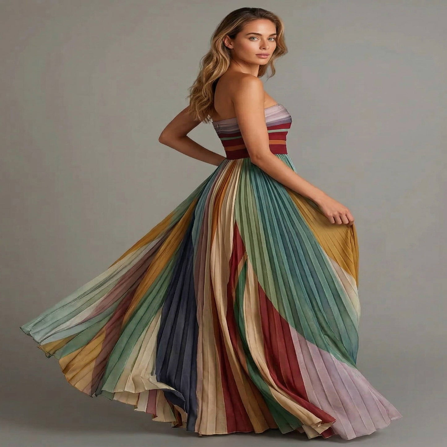 Strapless Maxi Dress with Internal Boning and Vertical Stripe Design, Floor Length