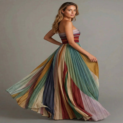 Strapless Maxi Dress with Internal Boning and Vertical Stripe Design, Floor Length