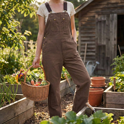 Women's Cotton Canvas Bib Overalls with Padded Straps and Multiple Pockets