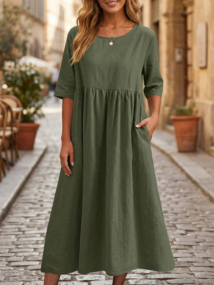 Linen Midi Dress with Empire Waist and Three Quarter Sleeves, Hidden Pockets
