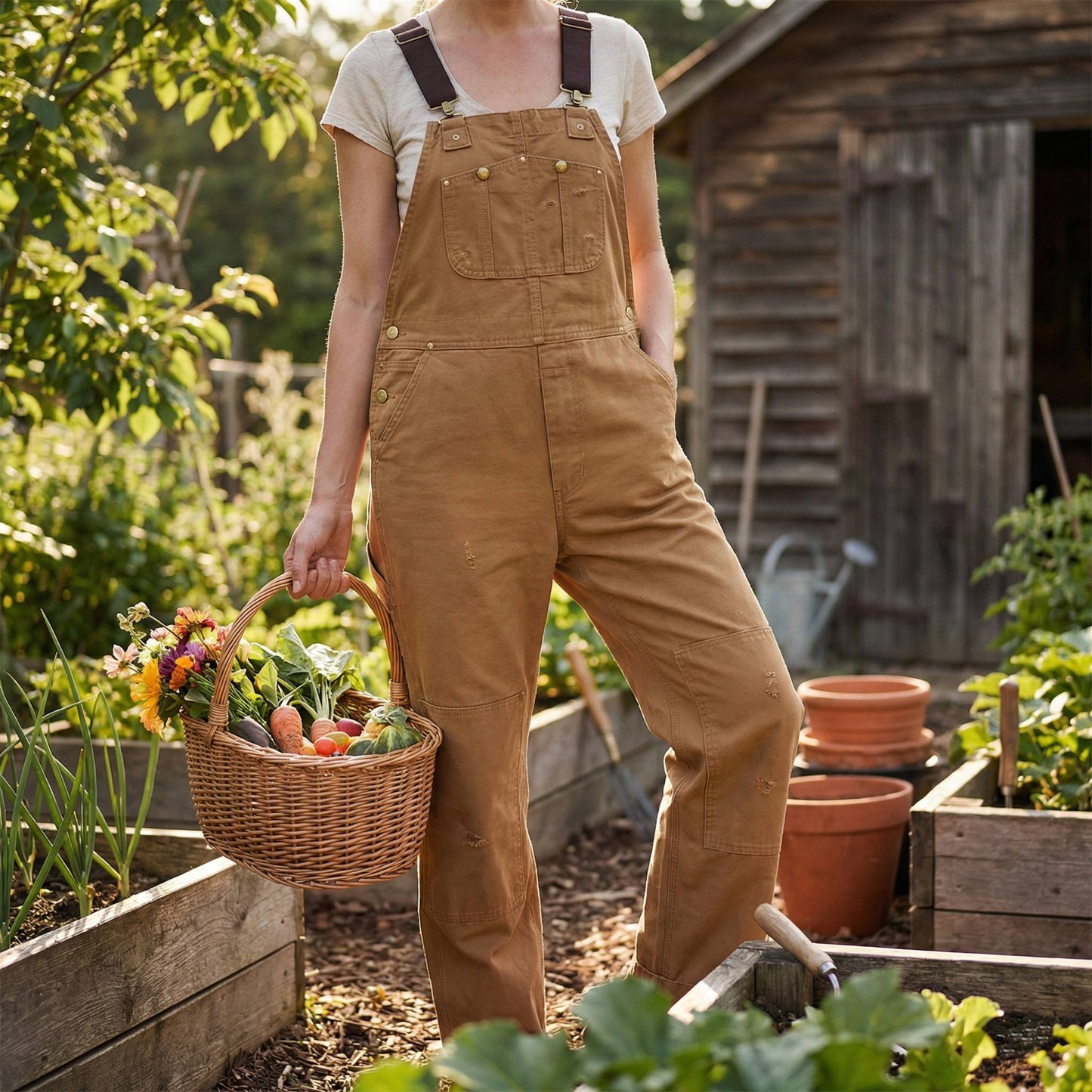Women's Cotton Canvas Bib Overalls with Padded Straps and Multiple Pockets