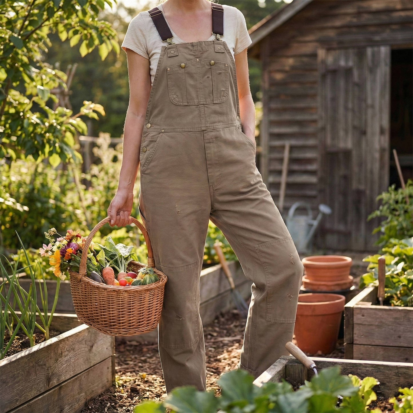 Women's Cotton Canvas Bib Overalls with Padded Straps and Multiple Pockets