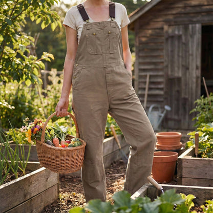 Women's Cotton Canvas Bib Overalls with Padded Straps and Multiple Pockets