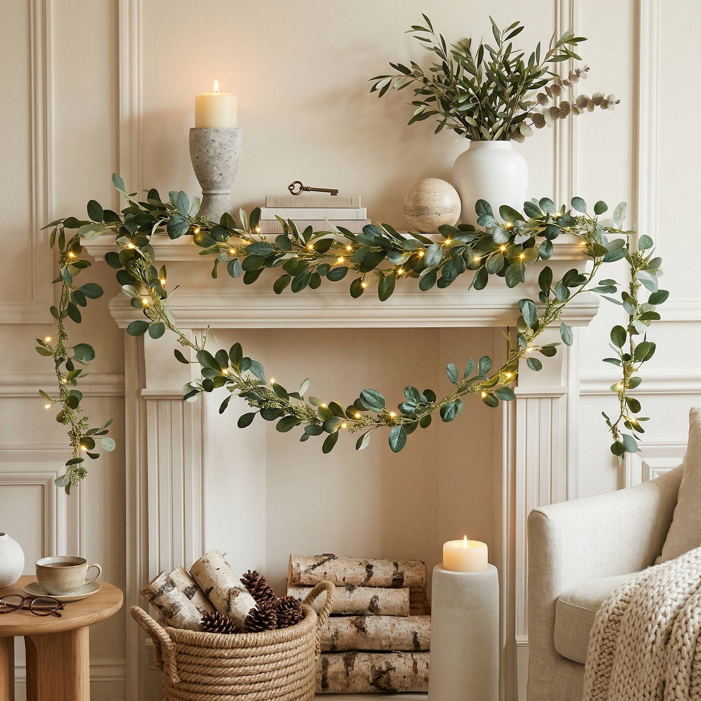 Battery-Operated Olive Garland with Warm White LED Lights and Flexible Wire