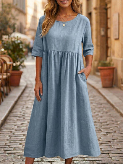 Linen Midi Dress with Empire Waist and Three Quarter Sleeves, Hidden Pockets
