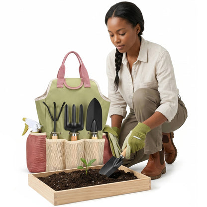 Steel Garden Tools Set with Ergonomic Handles and Storage Bag, 10-Piece