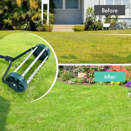 Manual Lawn Aerator Roller with 32 Steel Spikes and 18 Inch Coverage