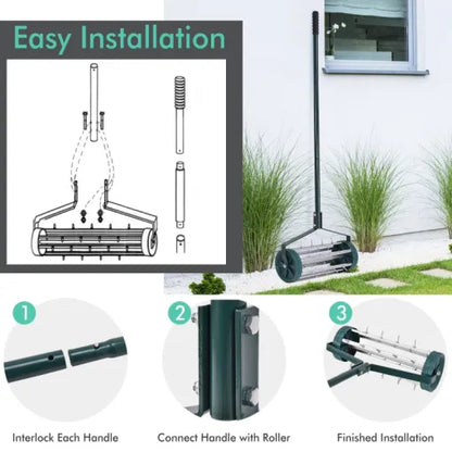 Manual Lawn Aerator Roller with 32 Steel Spikes and 18 Inch Coverage