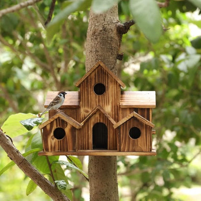 Wooden Birdhouse with 6 Entrance Holes and Metal Hanging Hook