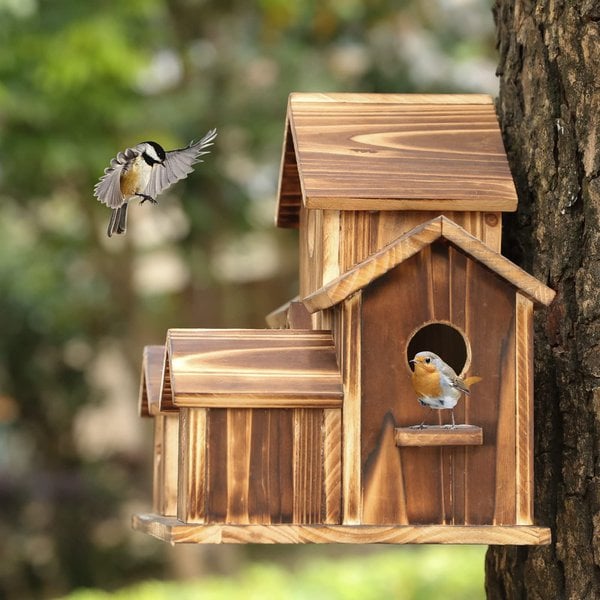 Wooden Birdhouse with 6 Entrance Holes and Metal Hanging Hook