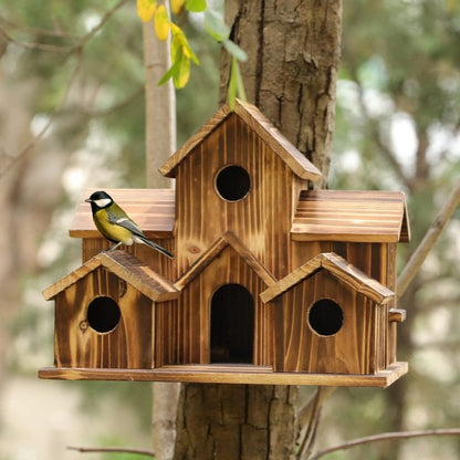 Wooden Birdhouse with 6 Entrance Holes and Metal Hanging Hook