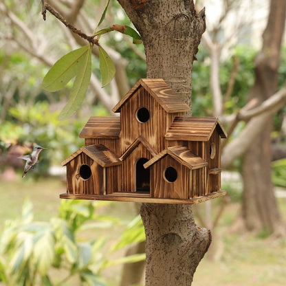 Wooden Birdhouse with 6 Entrance Holes and Metal Hanging Hook