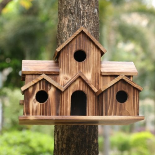 Wooden Birdhouse with 6 Entrance Holes and Metal Hanging Hook
