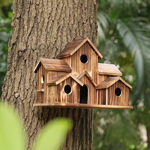 Wooden Birdhouse with 6 Entrance Holes and Metal Hanging Hook