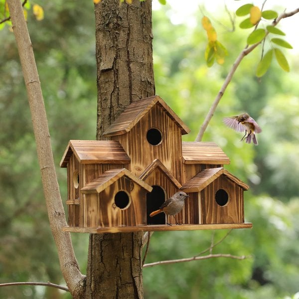 Wooden Birdhouse with 6 Entrance Holes and Metal Hanging Hook