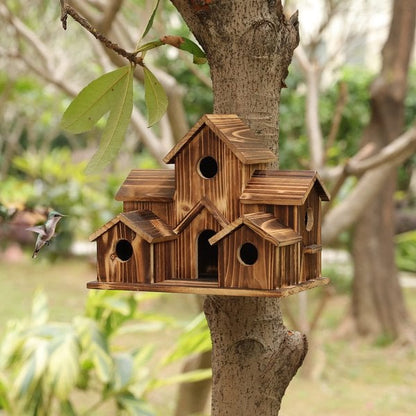 Wooden Birdhouse with 6 Entrance Holes and Metal Hanging Hook