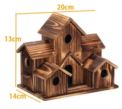 Wooden Birdhouse with 6 Entrance Holes and Metal Hanging Hook