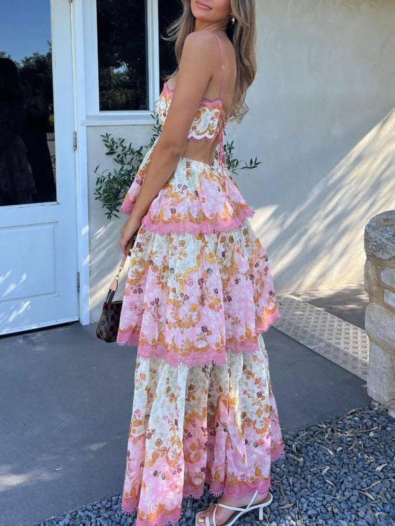 Tiered Maxi Dress with Floral Print and Loose Fit