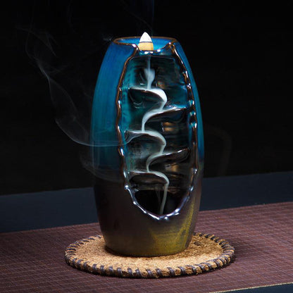 Backflow Incense Burner with Ceramic Mountain Waterfall Design and 50 Cones