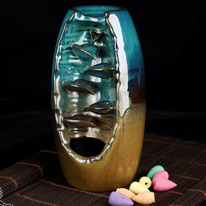Backflow Incense Burner with Ceramic Mountain Waterfall Design and 50 Cones