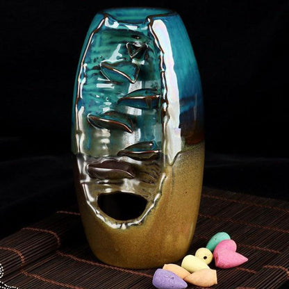 Backflow Incense Burner with Ceramic Mountain Waterfall Design and 50 Cones