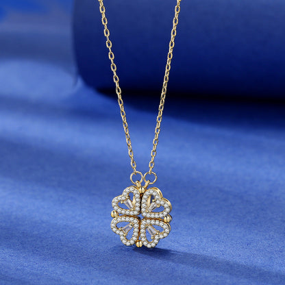 Four Heart Clover Pendant with Adjustable Chain and Preserved Roses
