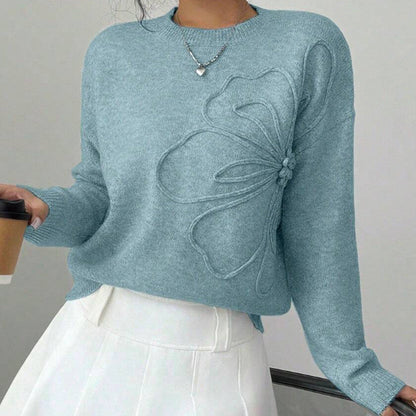 Classic Floral Textured Round Neck Knit Sweater top