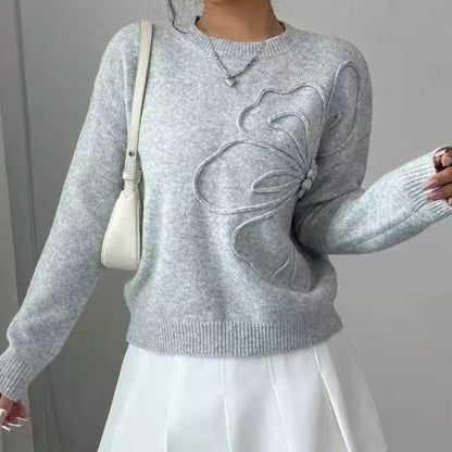 Classic Floral Textured Round Neck Knit Sweater top