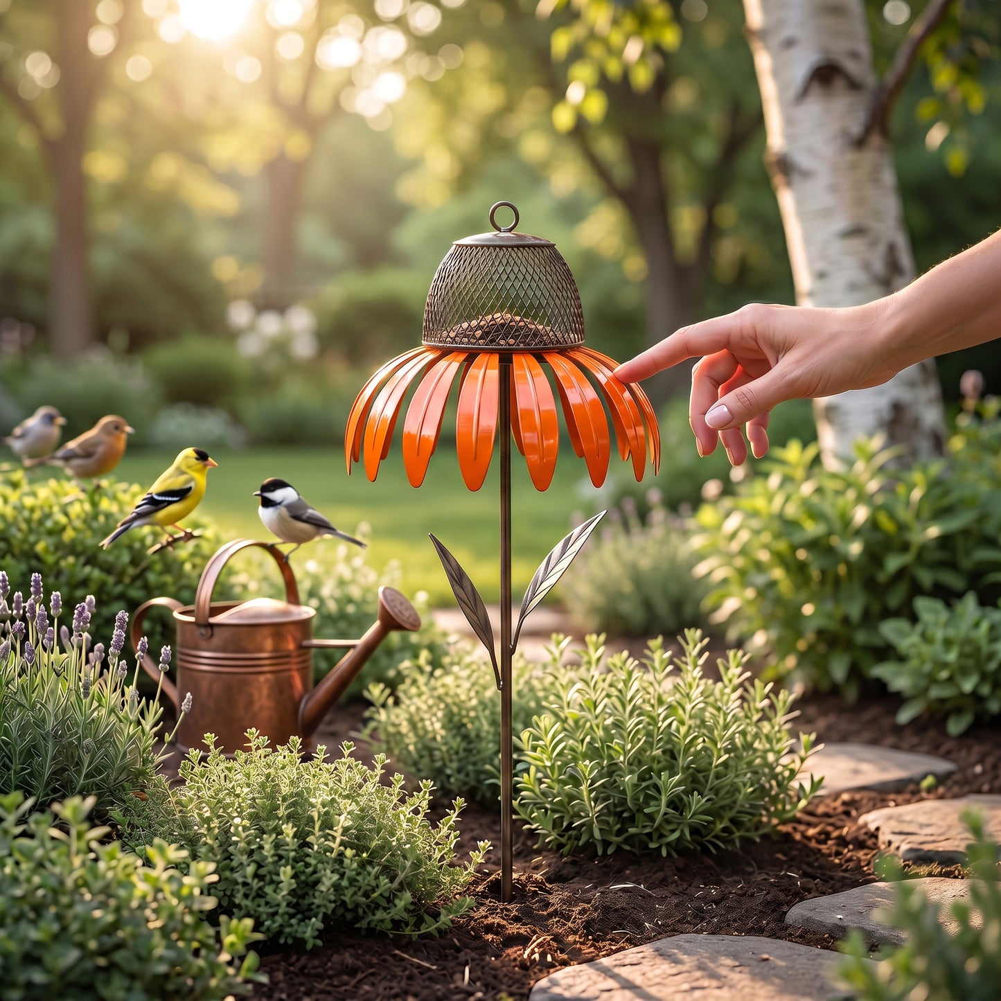 Flower-Shaped Bird Feeder with Ground Stake and Squirrel-Resistant Mesh