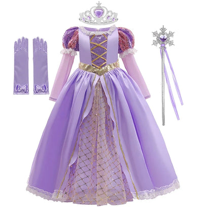Girls Ball Gown Dress with Puff Sleeves and Applique Details for Ages 7 to 13