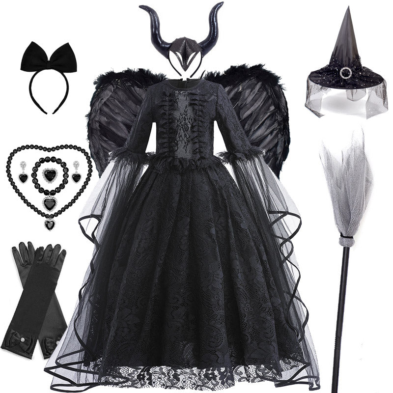 Evil Queen Witch Costume Dress for Girls Ages 4 to 6 with Lace Ruffle Trim