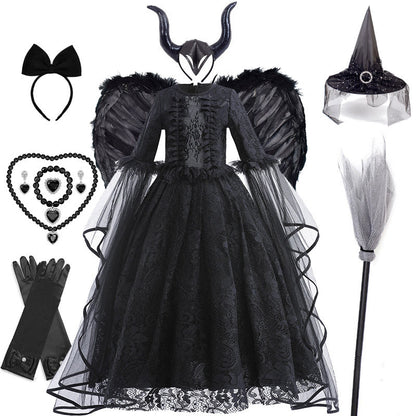Evil Queen Witch Costume Dress for Girls Ages 4 to 6 with Lace Ruffle Trim