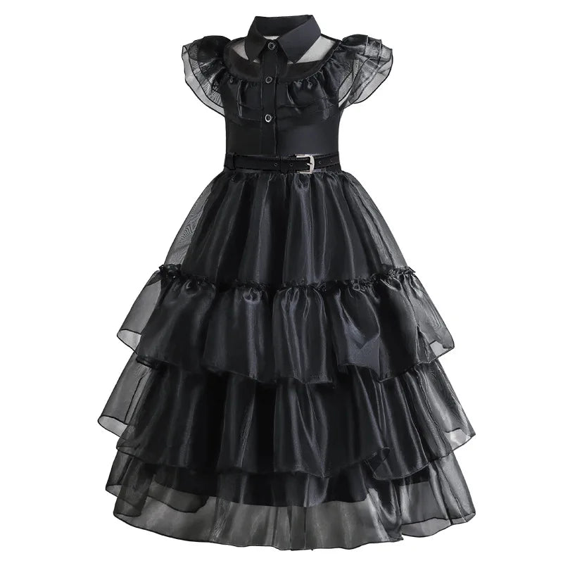 Girls Gothic Cake Gown Costume with Mesh Cutout Details and Layered Skirt