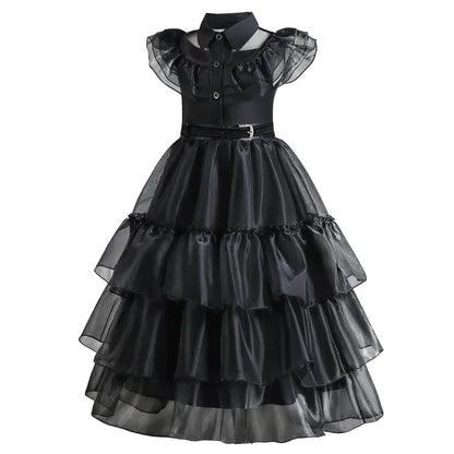 Girls Gothic Cake Gown Costume with Mesh Cutout Details and Layered Skirt