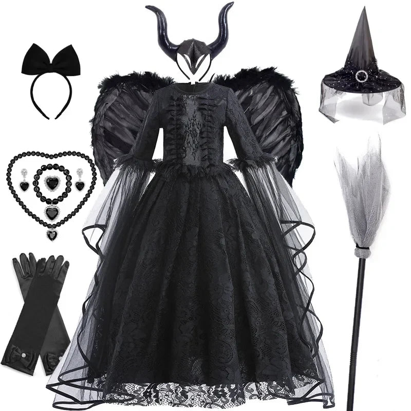 Evil Queen Witch Costume Dress for Girls Ages 4 to 6 with Lace Ruffle Trim
