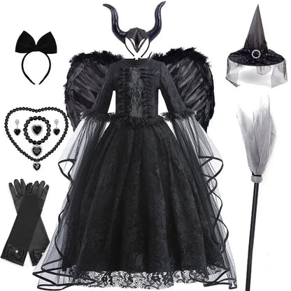 Evil Queen Witch Costume Dress for Girls Ages 4 to 6 with Lace Ruffle Trim
