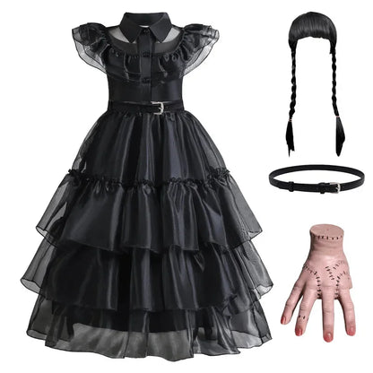 Girls Gothic Cake Gown Costume with Mesh Cutout Details and Layered Skirt
