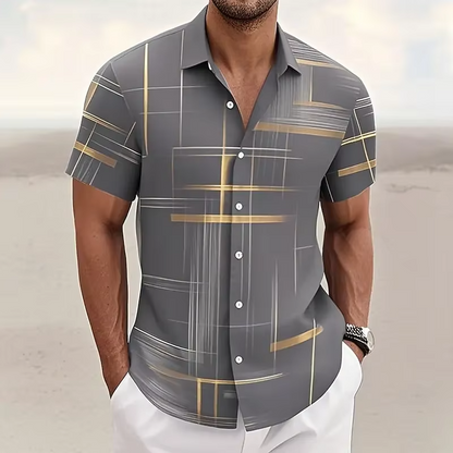 Geometric Plaid Button Shirt with Polyester Blend for Men
