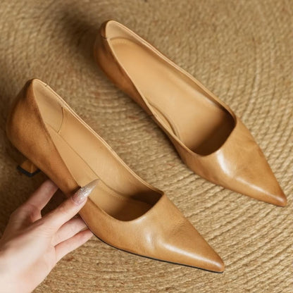 Women's Pointed Toe Leather Pumps with Slip-On Design and Slim Heel, Comfortable Dress Shoes