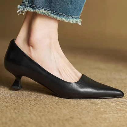 Women's Pointed Toe Leather Pumps with Slip-On Design and Slim Heel, Comfortable Dress Shoes