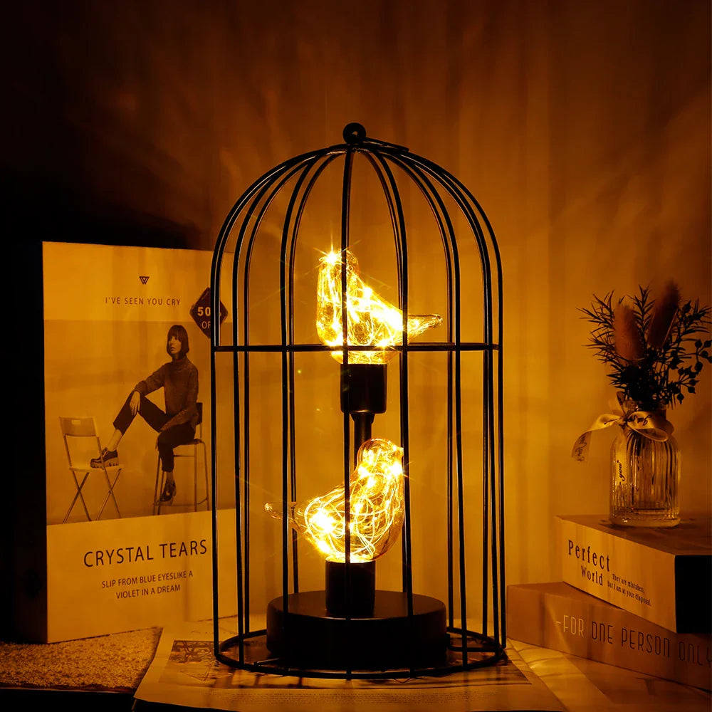 Warm White Fairy Light Table Lamp with Metal Birdcage Frame, Battery Operated